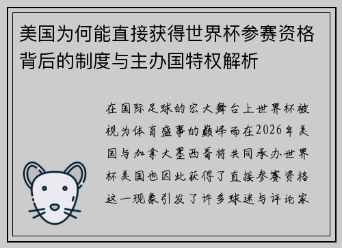 美国为何能直接获得世界杯参赛资格背后的制度与主办国特权解析 美国为何能直接获得世界杯参赛资格背后的制度与主办国特权解析